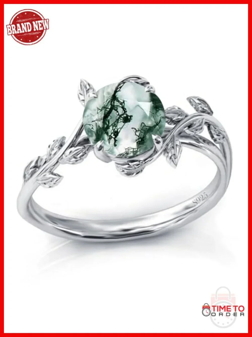 925 Sterling Silver Natural Moss Agate Ring Promise Engagement Wedding Gift